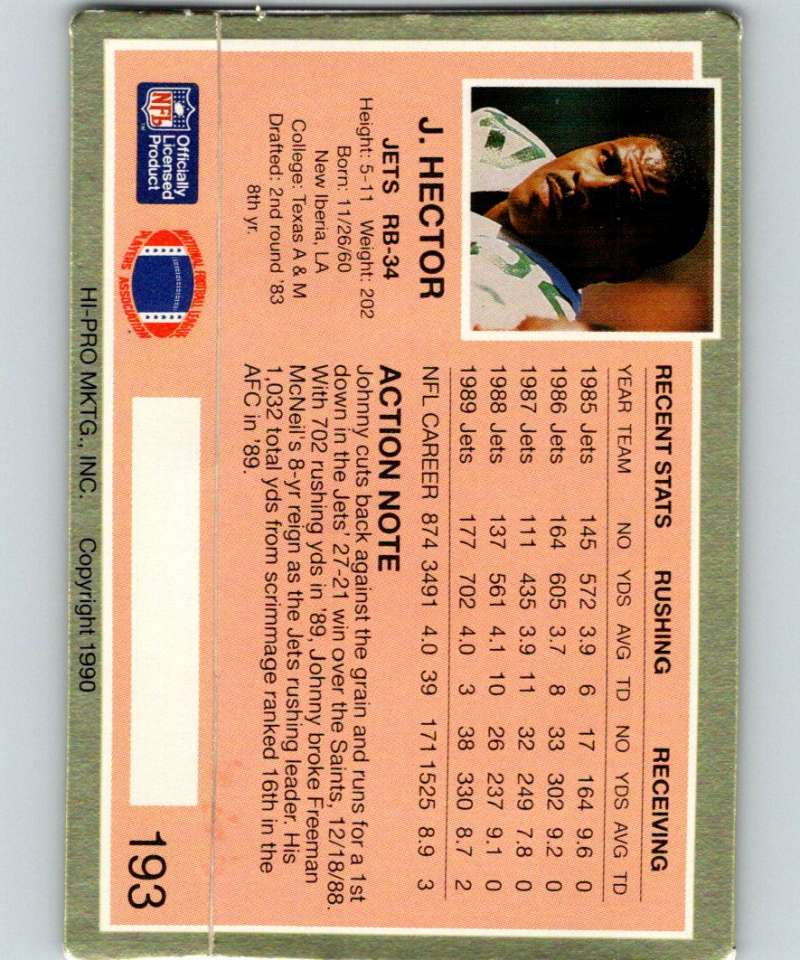 1990 Action Packed #193 Johnny Hector NY Jets NFL Football Image 2