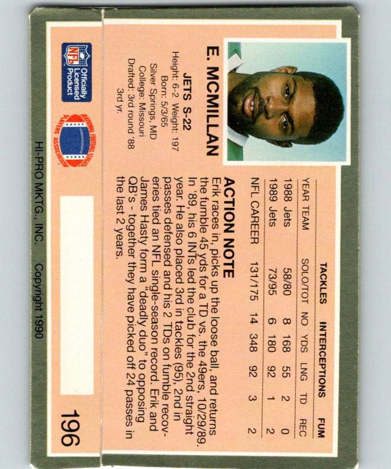 1990 Action Packed #196 Erik McMillan NY Jets NFL Football Image 2