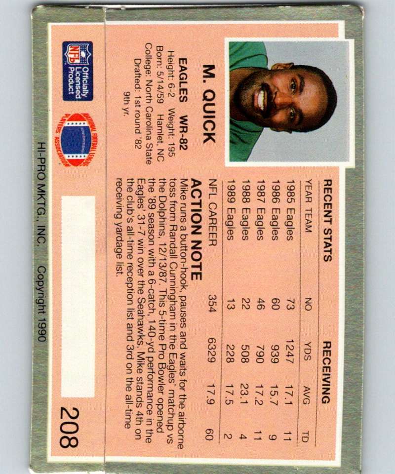 1990 Action Packed #208 Mike Quick Eagles NFL Football Image 2