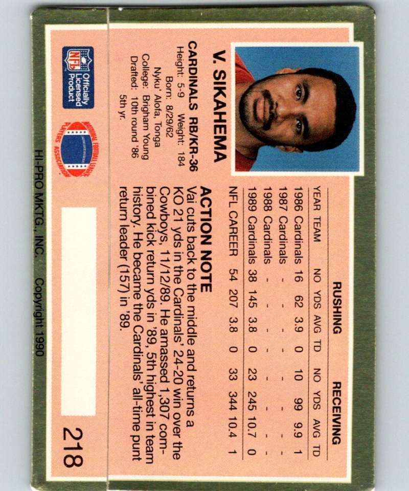 1990 Action Packed #218 Vai Sikahema Cardinals NFL Football Image 2