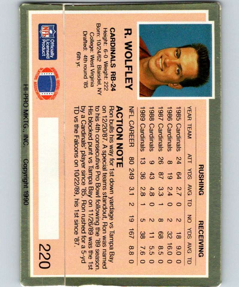 1990 Action Packed #220 Ron Wolfley Cardinals NFL Football Image 2