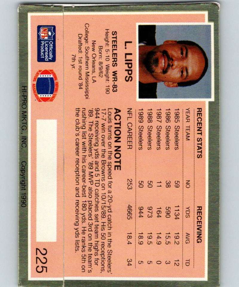 1990 Action Packed #225 Louis Lipps Steelers NFL Football Image 2