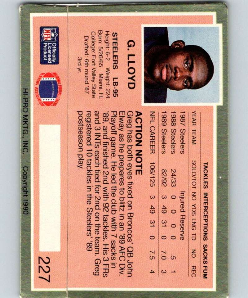 1990 Action Packed #227 Greg Lloyd Steelers NFL Football Image 2