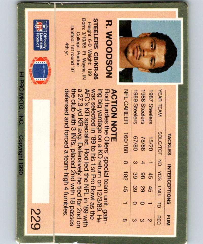 1990 Action Packed #229 Rod Woodson Steelers NFL Football Image 2
