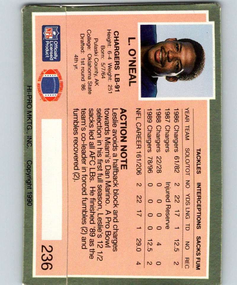 1990 Action Packed #236 Leslie O'Neal Chargers NFL Football Image 2