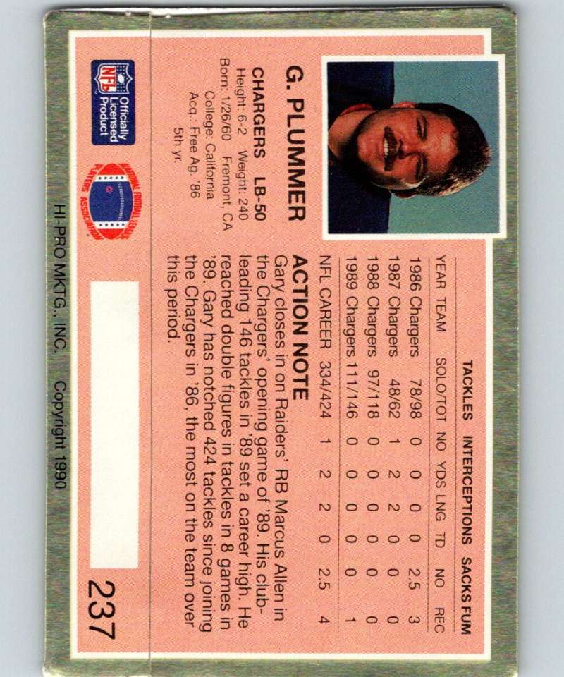 1990 Action Packed #237 Gary Plummer Chargers NFL Football Image 2