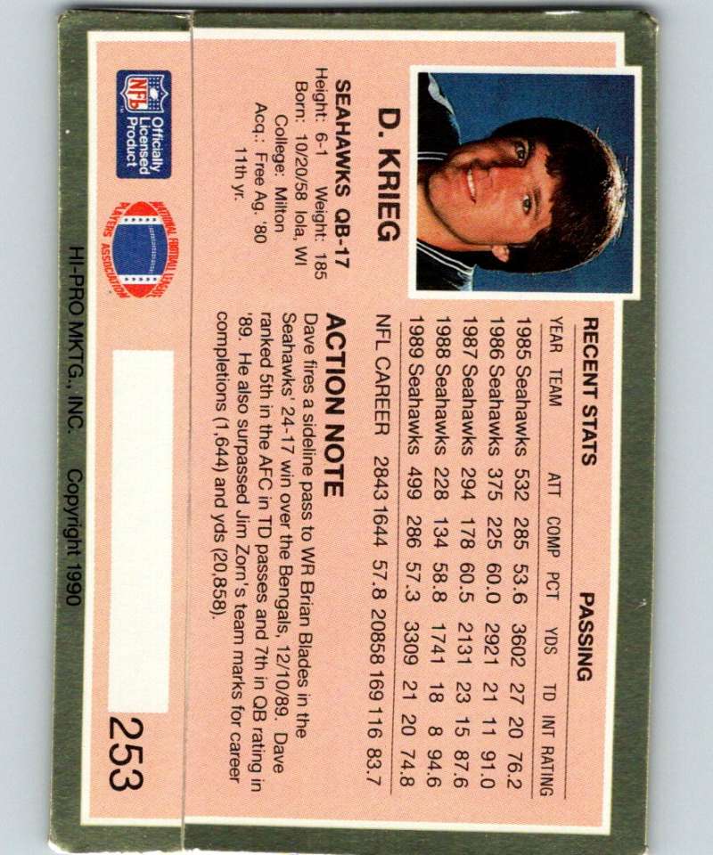 1990 Action Packed #253 Dave Krieg Seahawks NFL Football Image 2