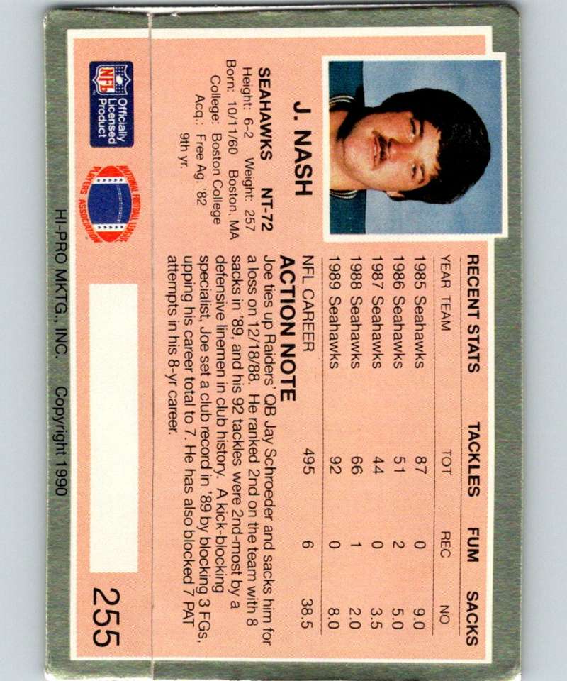 1990 Action Packed #255 Joe Nash Seahawks NFL Football Image 2