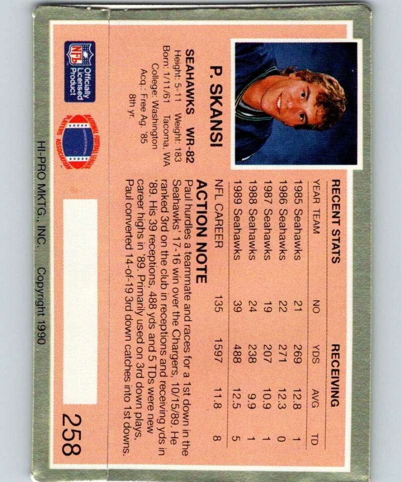 1990 Action Packed #258 Paul Skansi RC Rookie Seahawks NFL Football Image 2