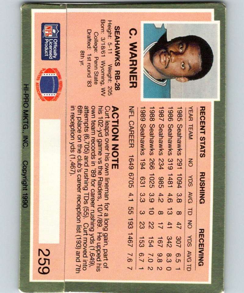 1990 Action Packed #259 Curt Warner Seahawks NFL Football