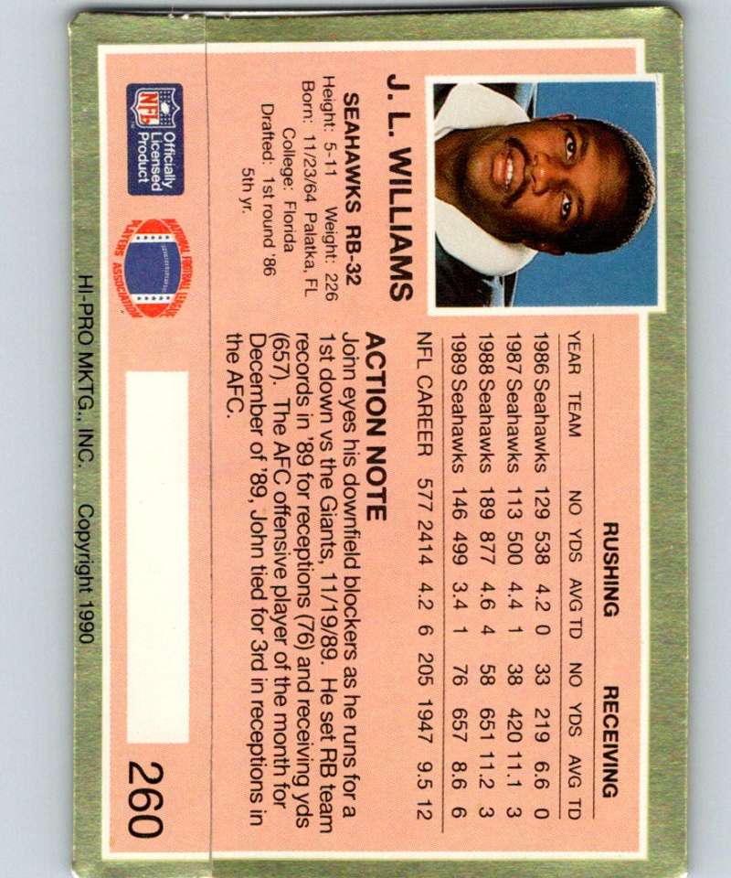 1990 Action Packed #260 John L. Williams Seahawks NFL Football Image 2