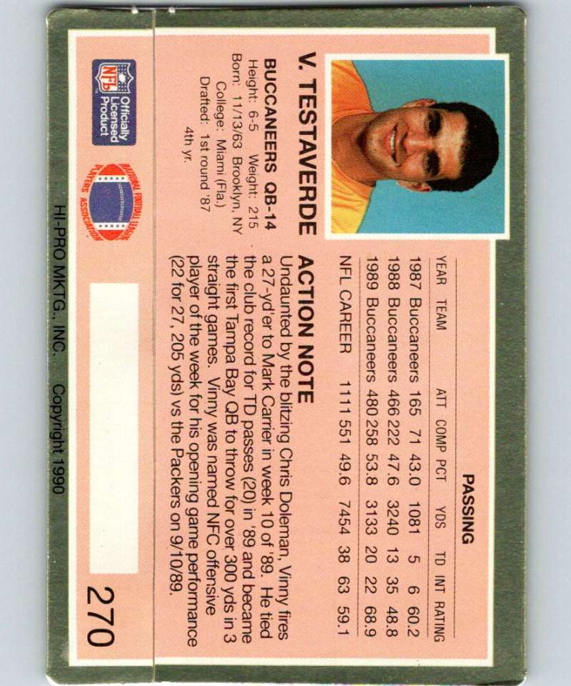 1990 Action Packed #270 Vinny Testaverde Buccaneers NFL Football Image 2