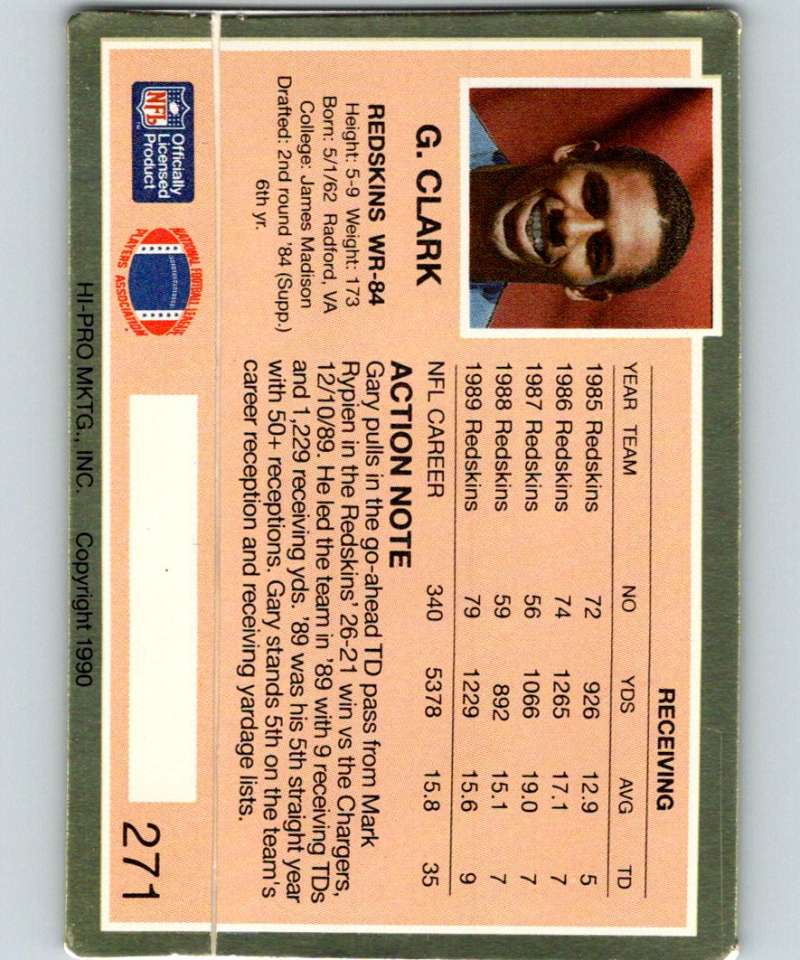 1990 Action Packed #271 Gary Clark Redskins NFL Football Image 2
