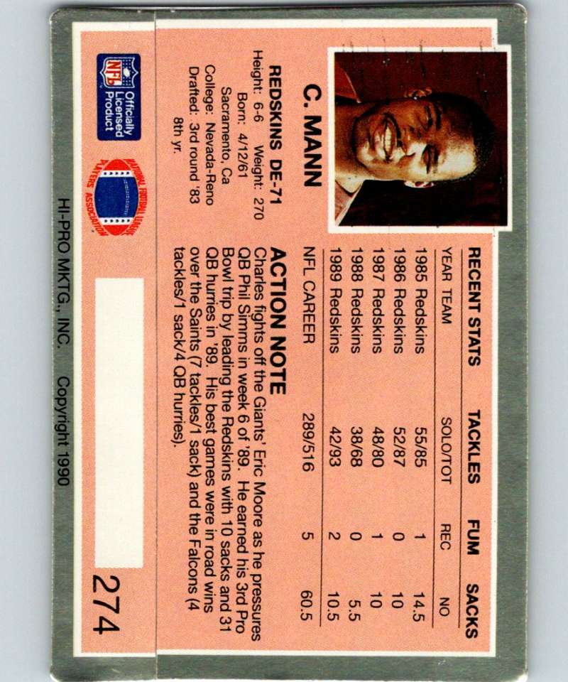 1990 Action Packed #274 Charles Mann Redskins NFL Football Image 2