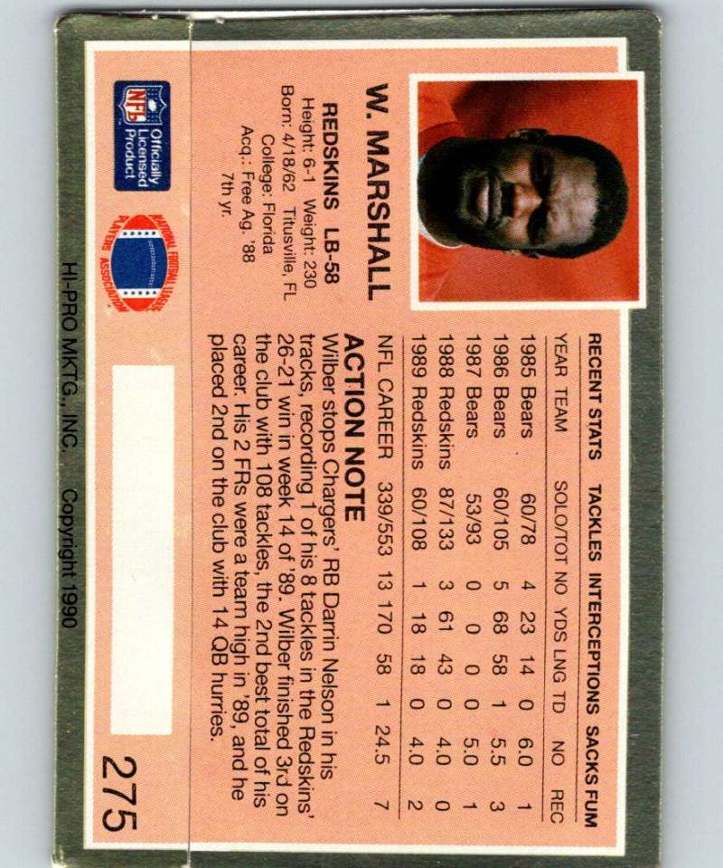 1990 Action Packed #275 Wilber Marshall Redskins NFL Football Image 2