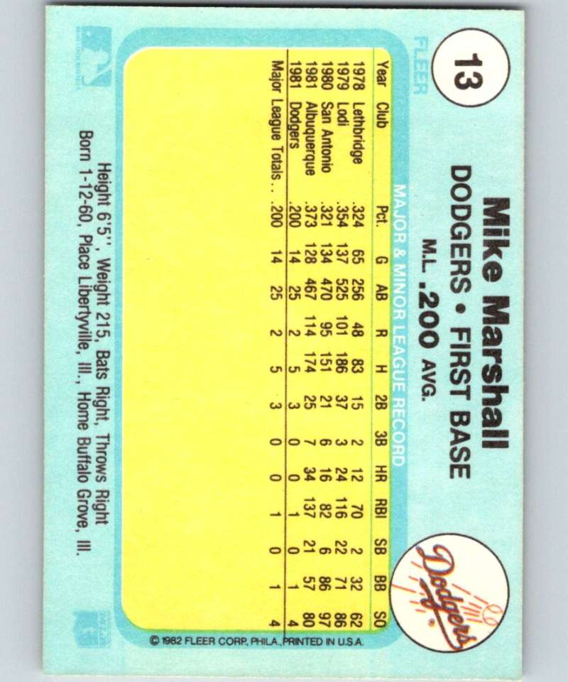 1982 Fleer #13 Mike Marshall RC Rookie Dodgers