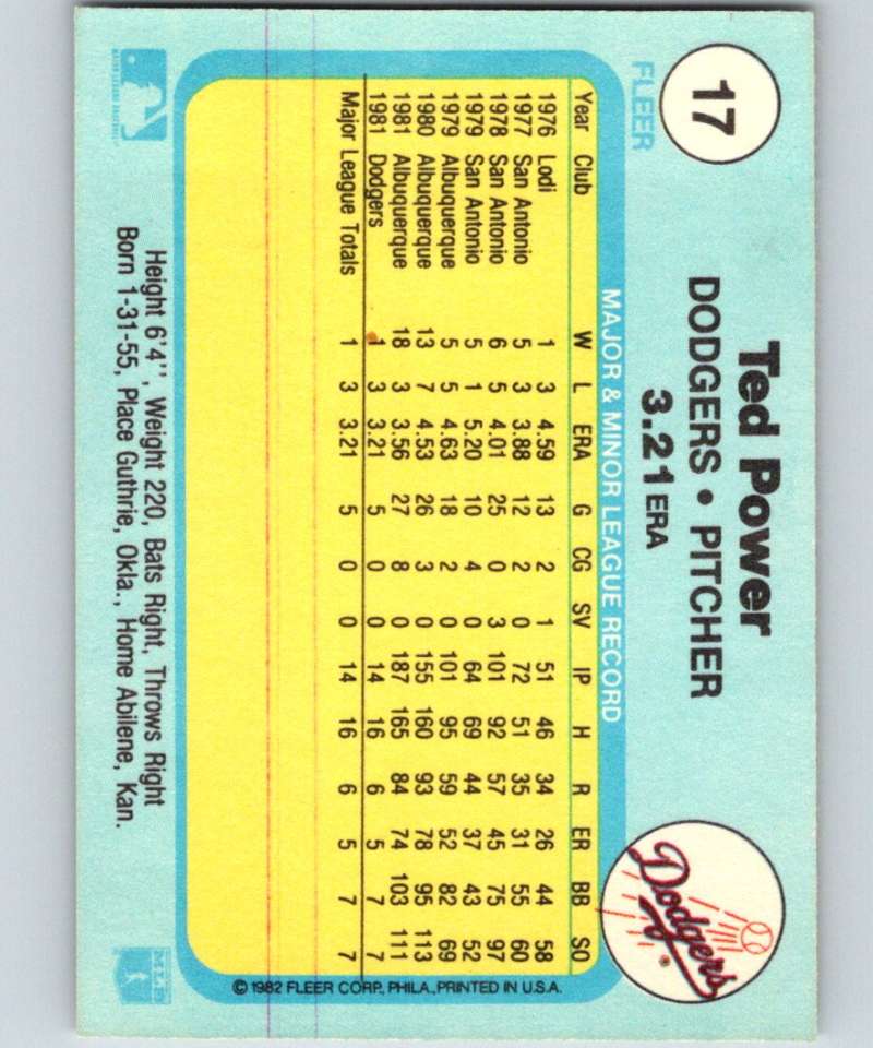 1982 Fleer #17 Ted Power RC Rookie Dodgers Image 2