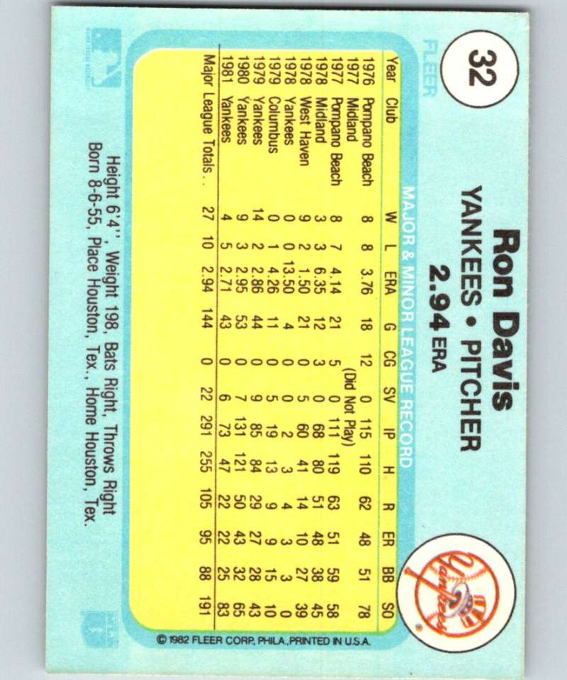1982 Fleer #32 Ron Davis Yankees