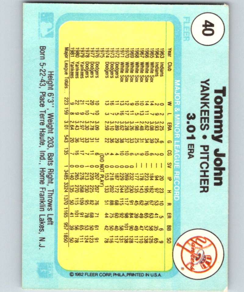 1982 Fleer #40 Tommy John Yankees