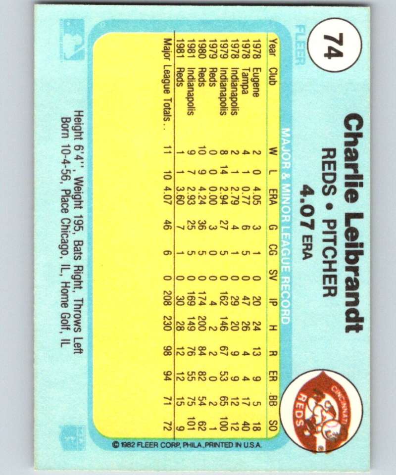 1982 Fleer #74 Charlie Leibrandt Reds Image 2
