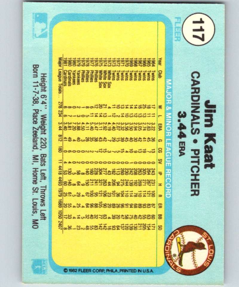 1982 Fleer #117 Jim Kaat Cardinals