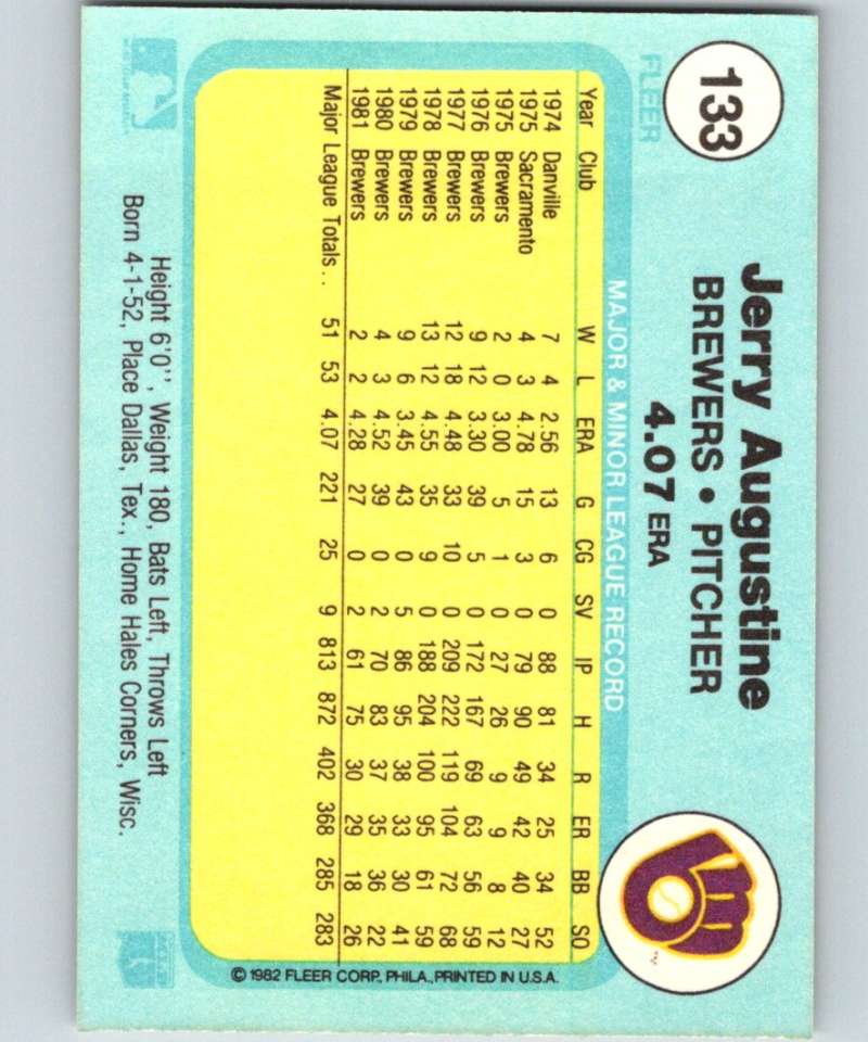 1982 Fleer #133 Jerry Augustine Brewers Image 2