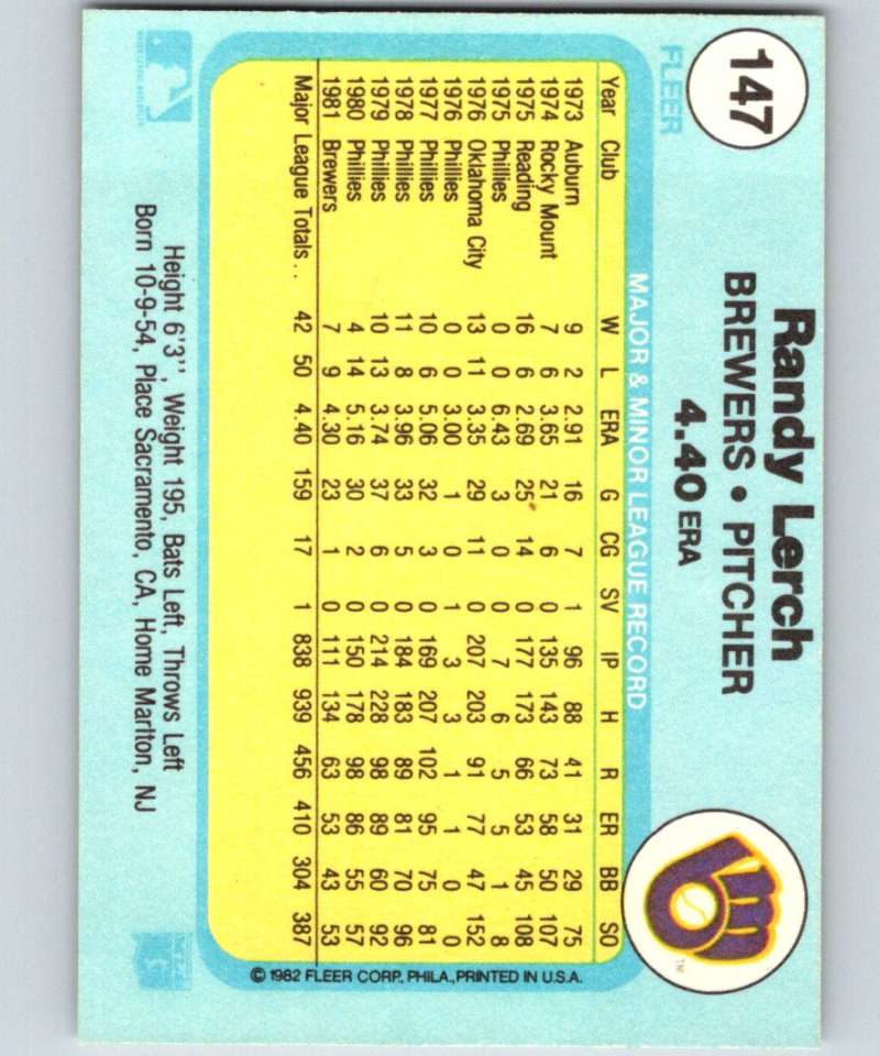 1982 Fleer #147 Randy Lerch Brewers Image 2