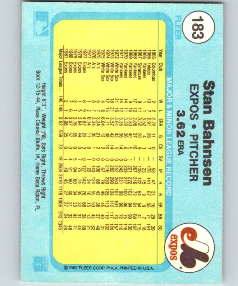 1982 Fleer #183 Stan Bahnsen Expos