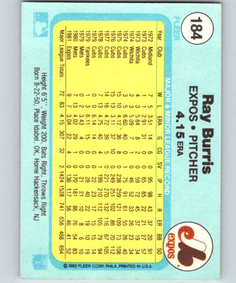 1982 Fleer #184 Ray Burris Expos