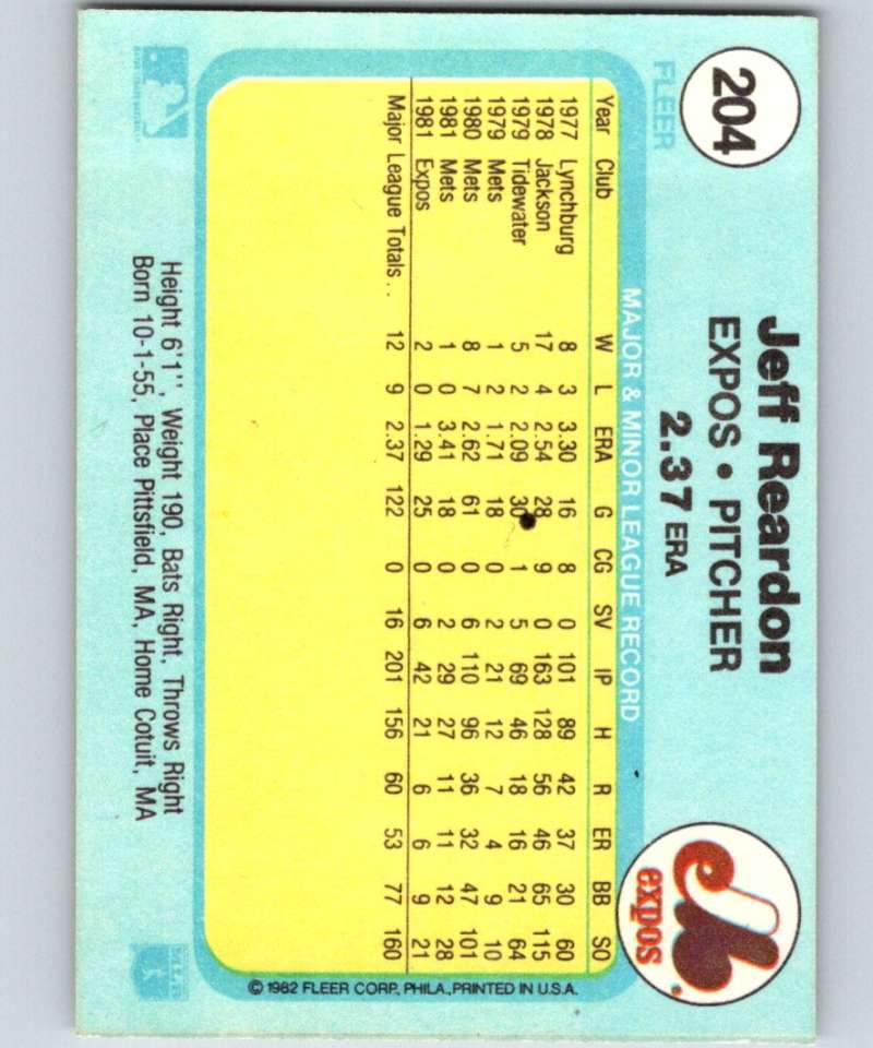 1982 Fleer #204 Jeff Reardon Expos