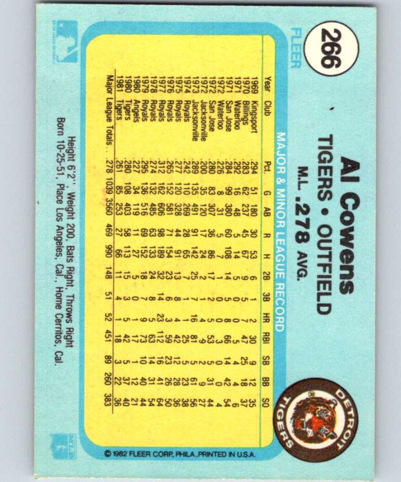 1982 Fleer #266 Al Cowens Tigers Image 2
