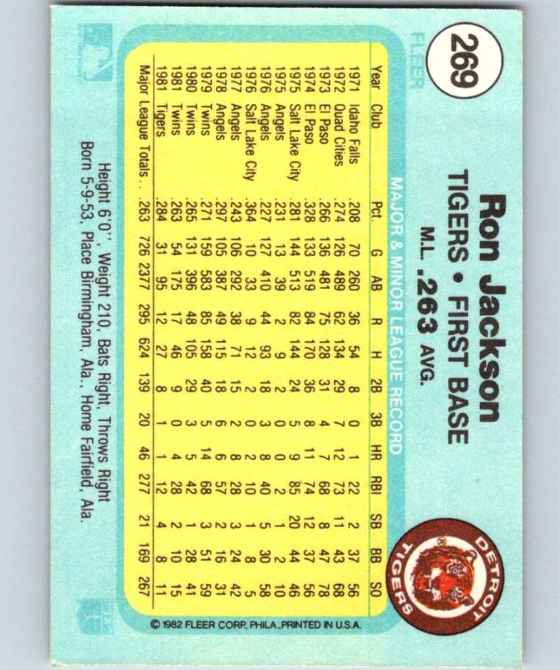 1982 Fleer #269 Ron Jackson Tigers Image 2