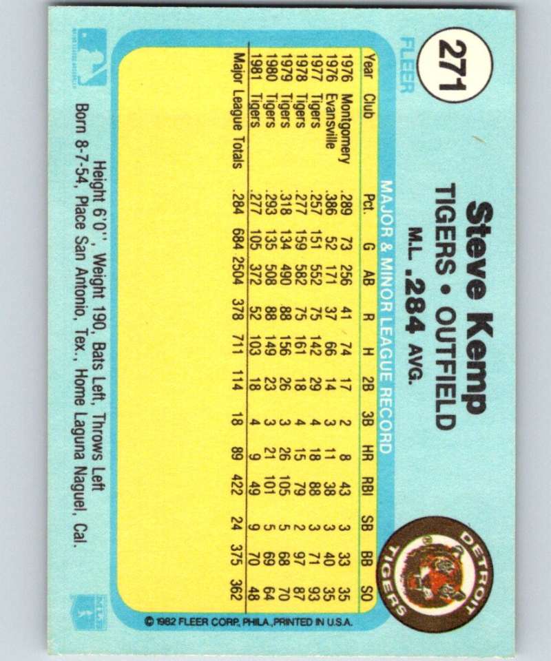 1982 Fleer #271 Steve Kemp Tigers Image 2