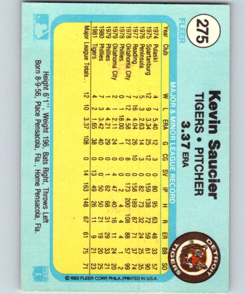 1982 Fleer #275 Kevin Saucier Tigers Image 2