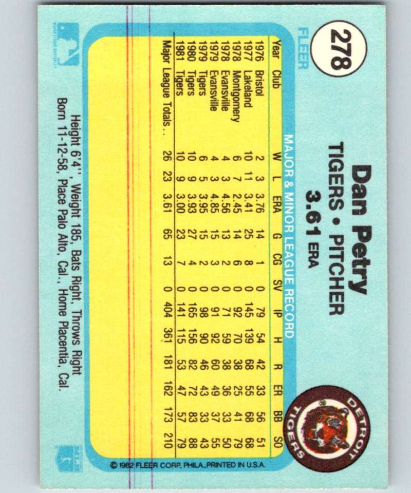 1982 Fleer #278 Dan Petry Tigers Image 2