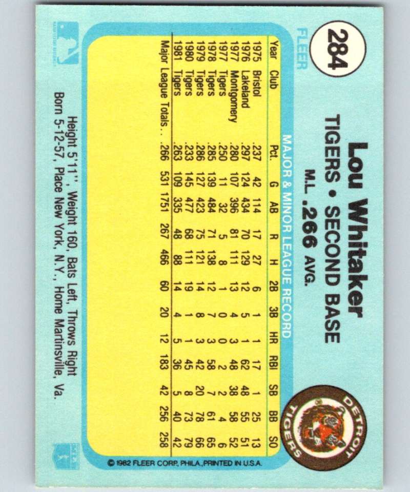 1982 Fleer #284 Lou Whitaker Tigers Image 2