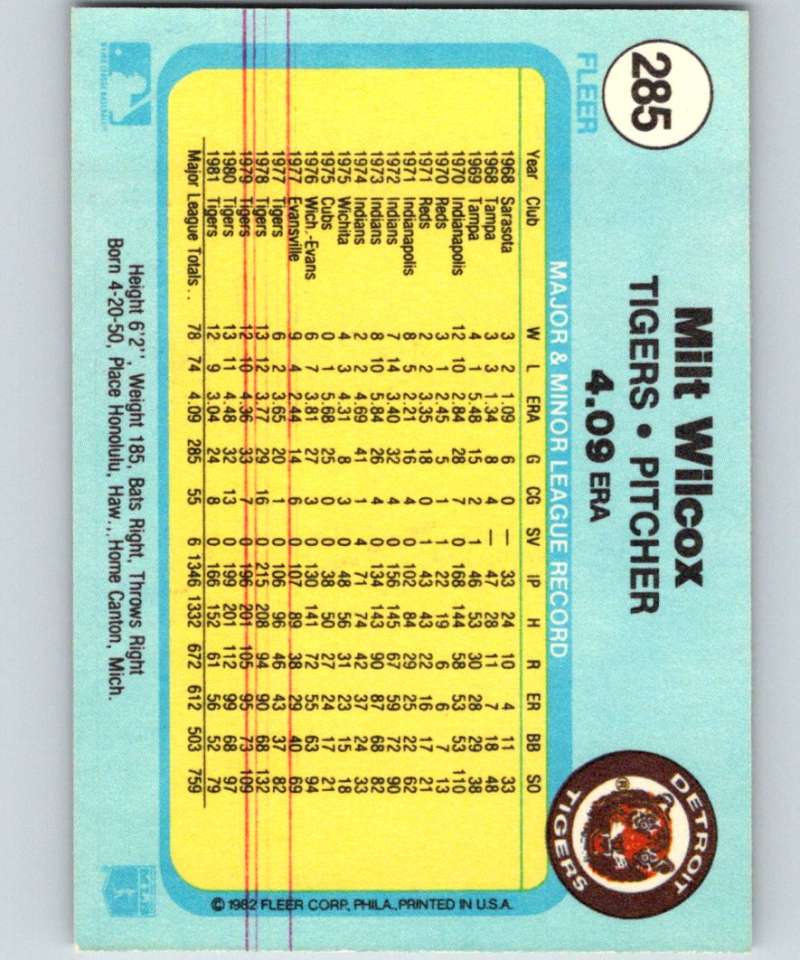 1982 Fleer #285 Milt Wilcox Tigers Image 2