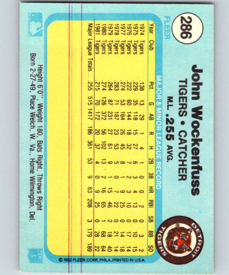 1982 Fleer #286 John Wockenfuss Tigers Image 2