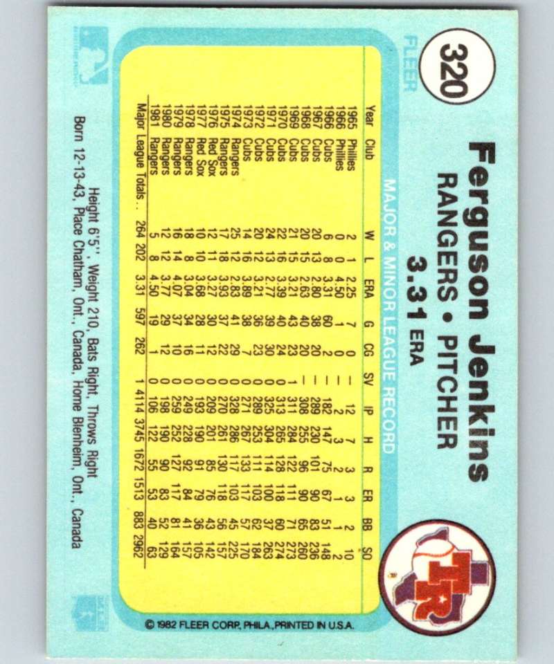1982 Fleer #320 Fergie Jenkins Rangers