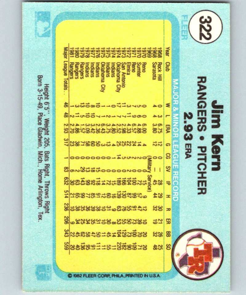 1982 Fleer #322 Jim Kern Rangers Image 2