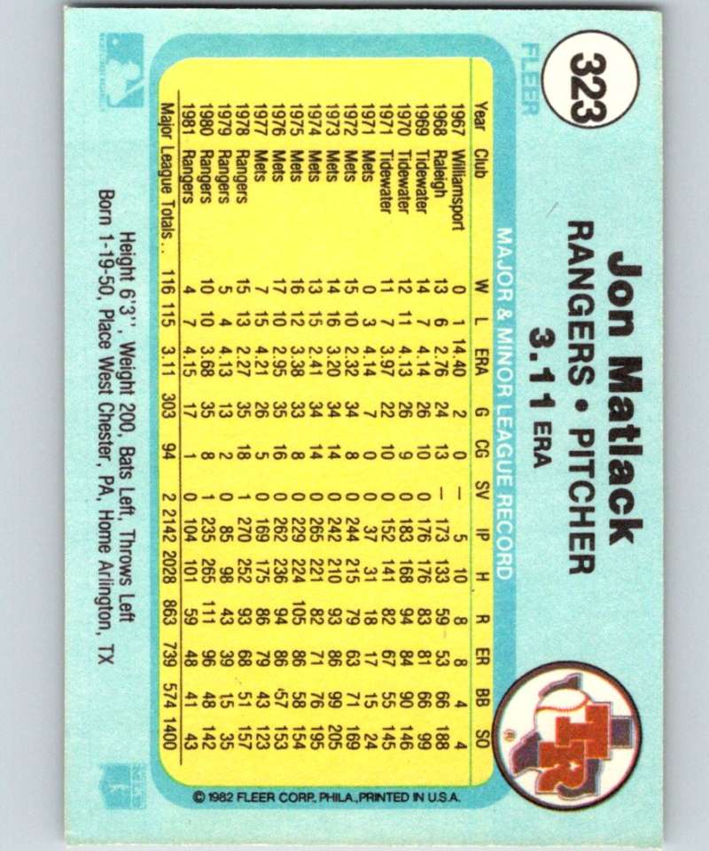 1982 Fleer #323 Jon Matlack Rangers Image 2