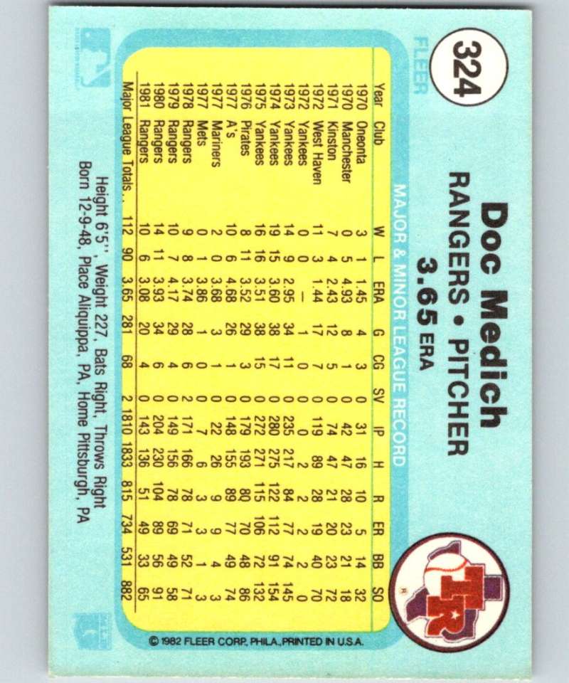 1982 Fleer #324 Doc Medich Rangers Image 2