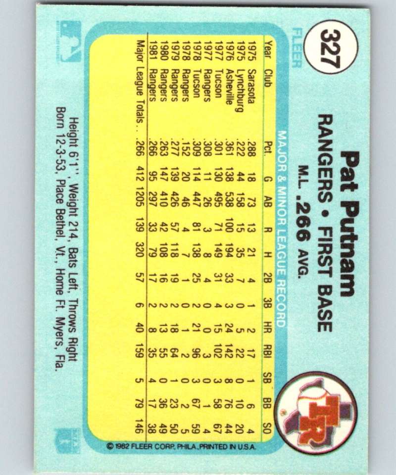 1982 Fleer #327 Pat Putnam Rangers Image 2
