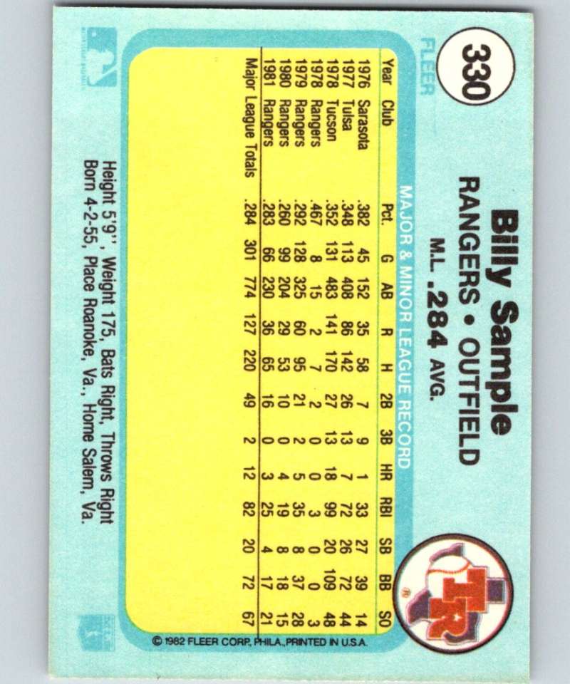1982 Fleer #330 Billy Sample Rangers Image 2