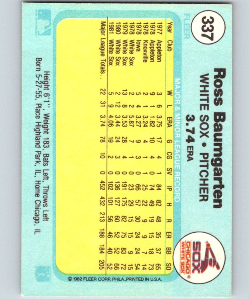 1982 Fleer #337 Ross Baumgarten White Sox