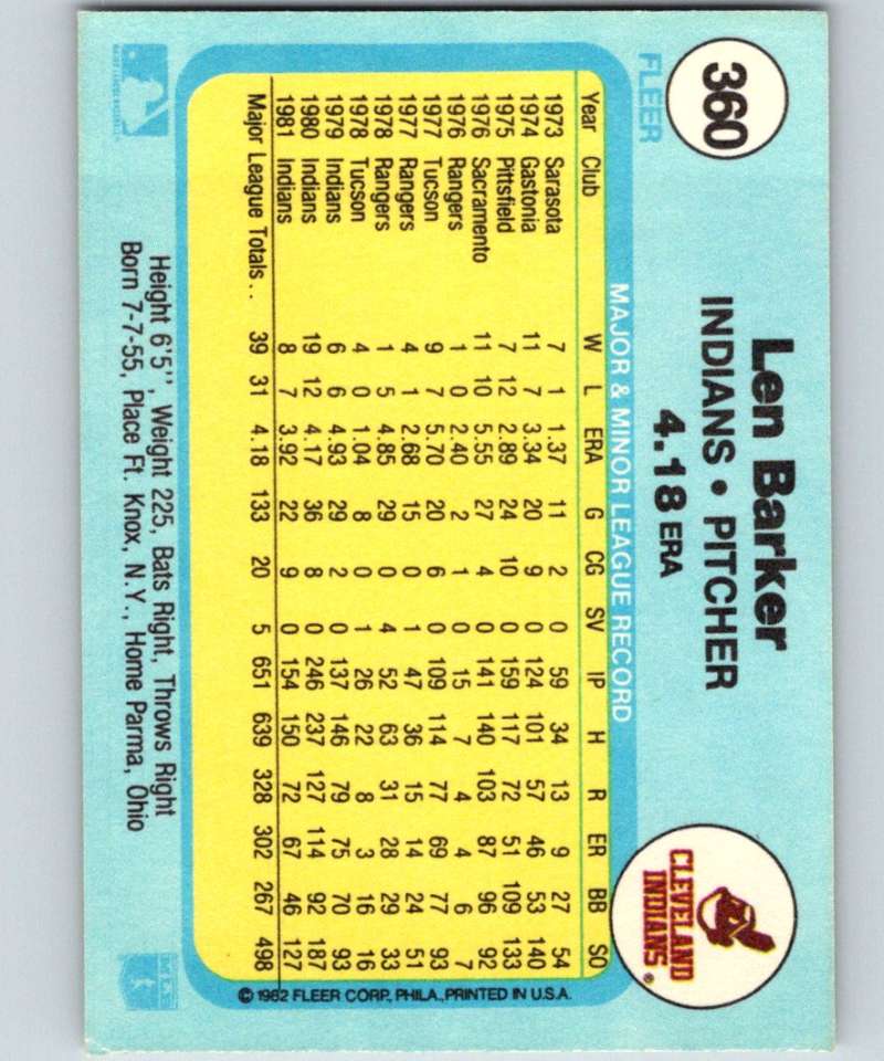 1982 Fleer #360 Len Barker Indians