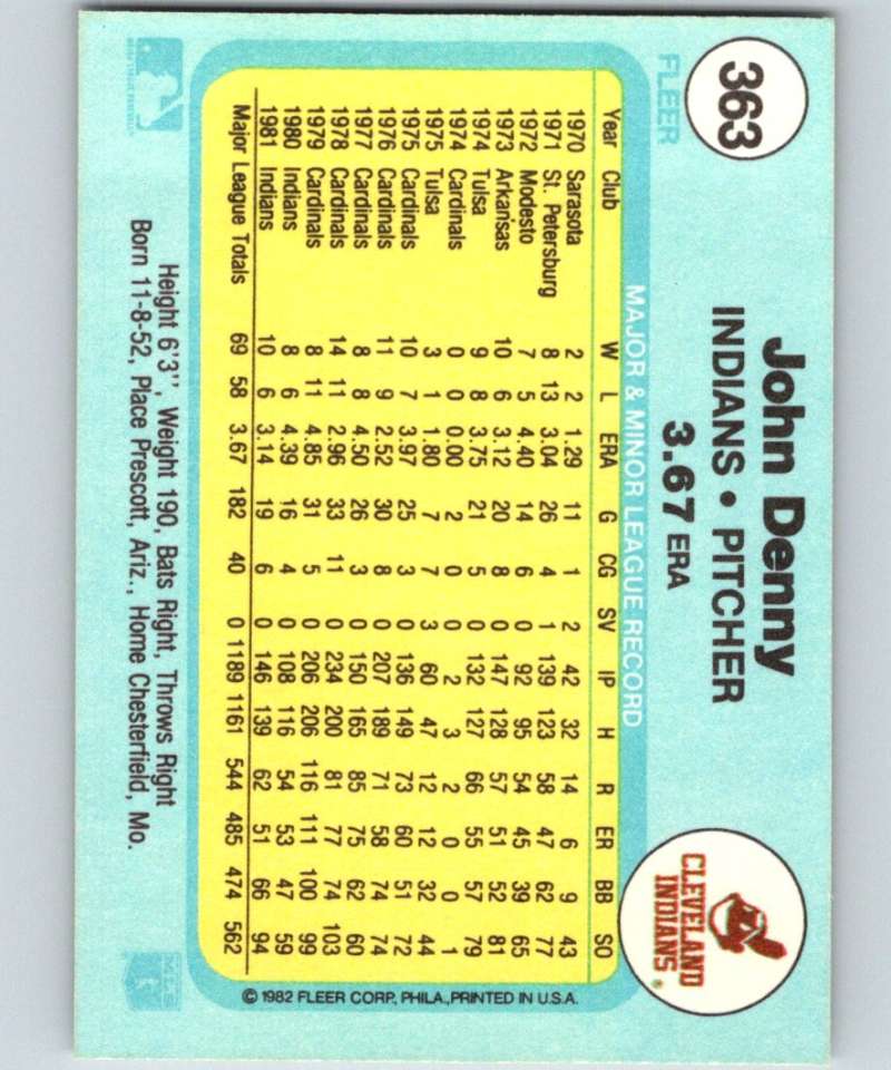 1982 Fleer #363 John Denny Indians Image 2