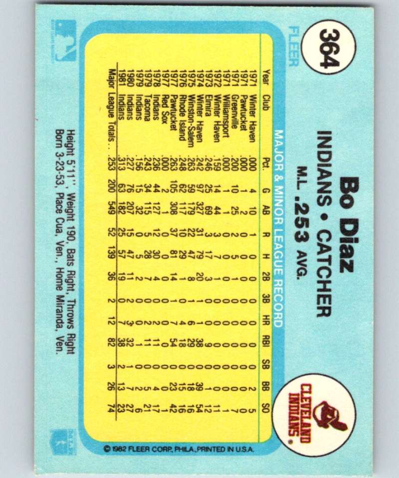 1982 Fleer #364 Bo Diaz Indians Image 2