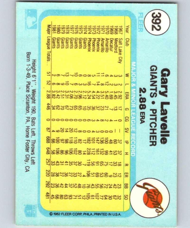 1982 Fleer #392 Gary Lavelle Giants Image 2