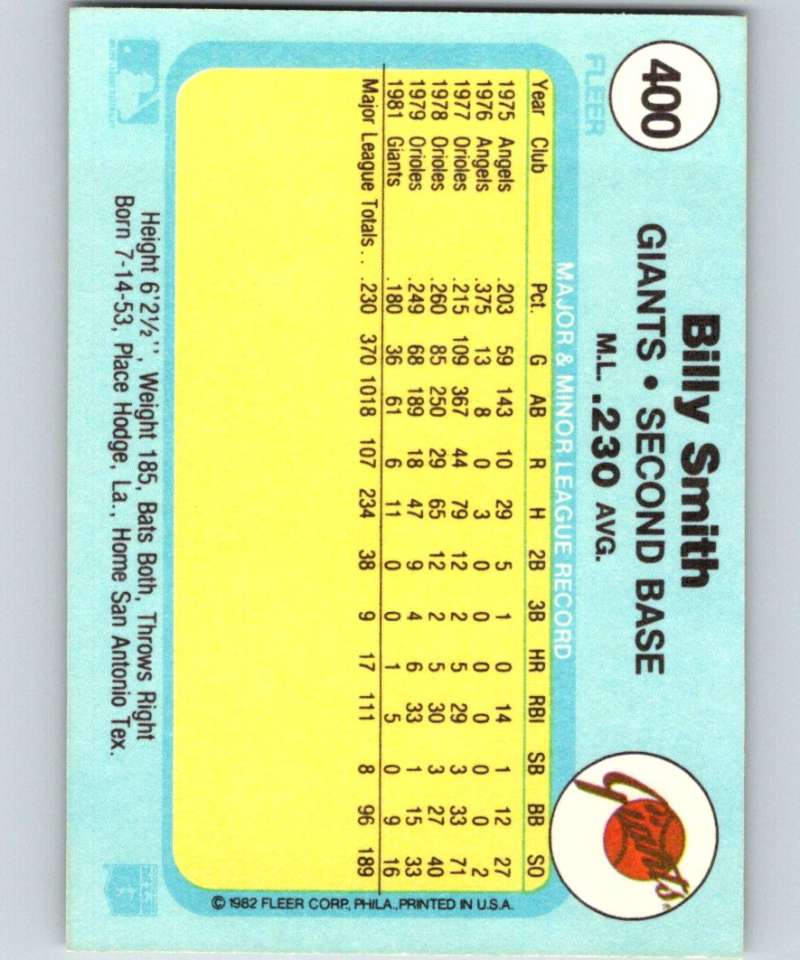 1982 Fleer #400 Billy Smith Giants Image 2